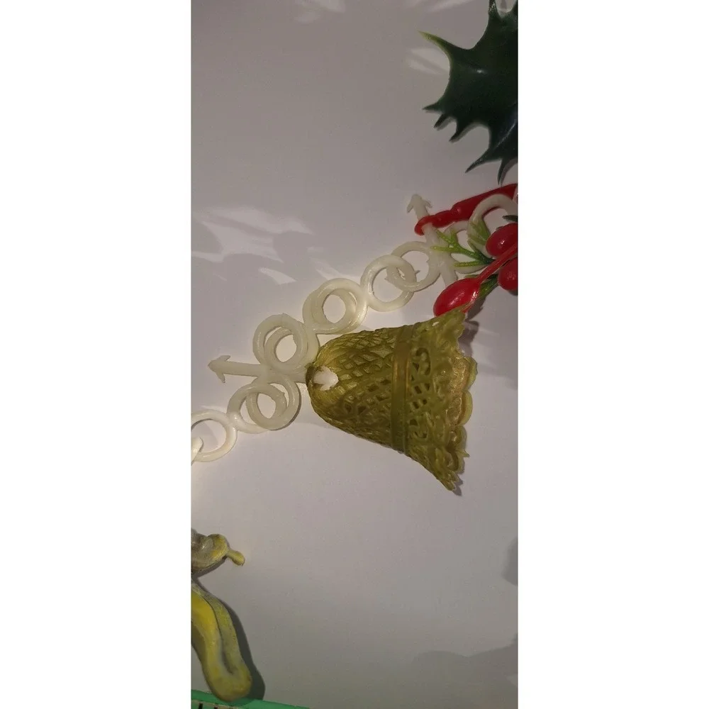 VTG MCM plastic Christmas garland houses holly snowman bell angel kitschy